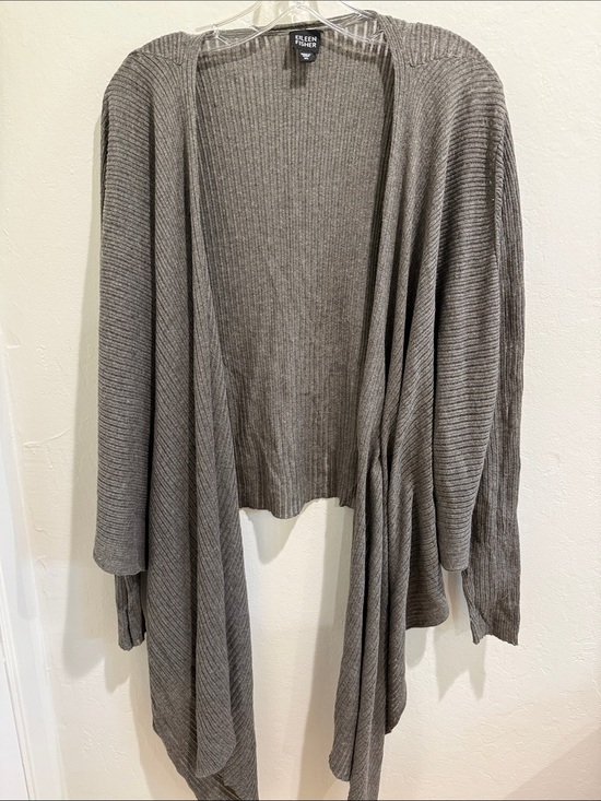 Eileen Fisher Sweaters - Eileen Fisher Taupe Ribbed Open-Front Draped Cardigan